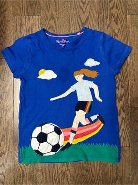 Mini Boden Bright Blue Soccer Girl Rainbow Appliqué Tee